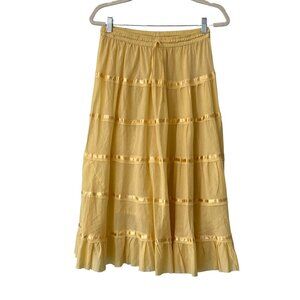 SB Fashion Elastic Waist Tiered Maxi Skirt OS Yellow Cotton Cottagecore Peasant